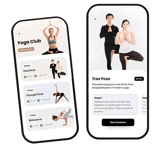 Mobile app screens showing a yoga club, a tree pose tutorial, and a class library